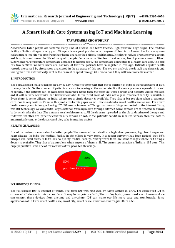 (PDF) IRJET- A Smart Health Care System using IoT and Machine Learning