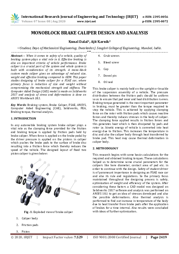 (PDF) IRJET- MONOBLOCK BRAKE CALIPER DESIGN AND ANALYSIS