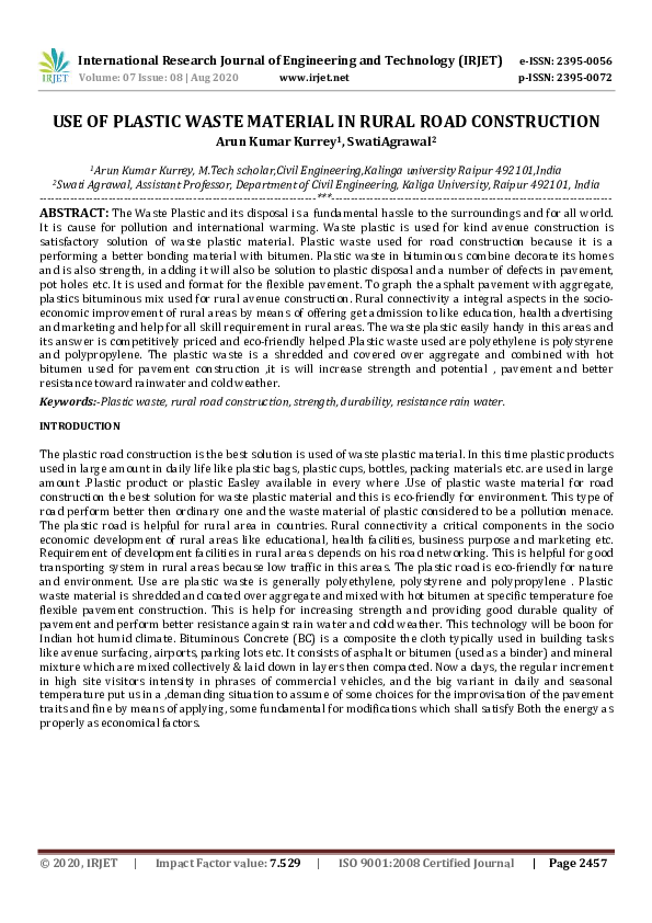 (PDF) IRJET- USE OF PLASTIC WASTE MATERIAL IN RURAL ROAD CONSTRUCTION