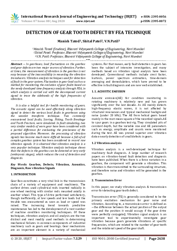 (PDF) IRJET- DETECTION OF GEAR TOOTH DEFECT BY FEA TECHNIQUE