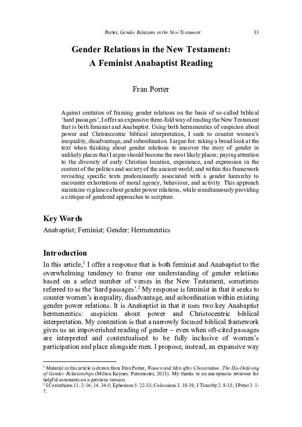 (PDF) Gender Relations in the New Testament: A Feminist Anabaptist Reading