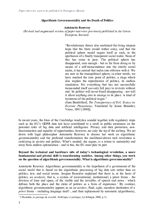 (DOC) Algorithmic Governmentality and the Death of Politics