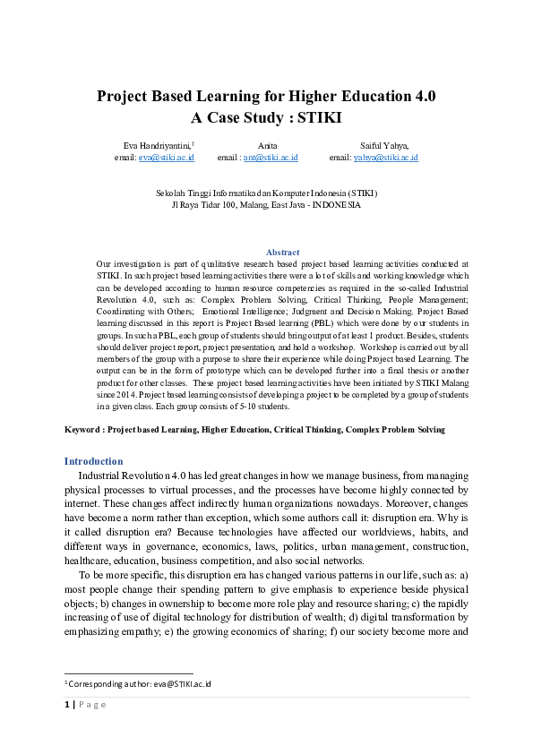 (PDF) Project Based Learning for Higher Education 4.0 A Case Study : STIKI