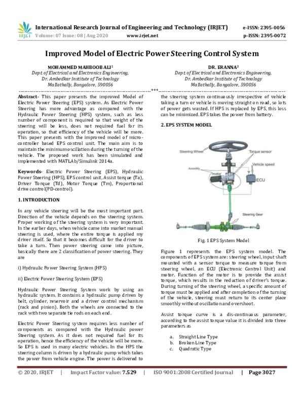 (PDF) IRJET- Improved Model of Electric Power Steering Control System