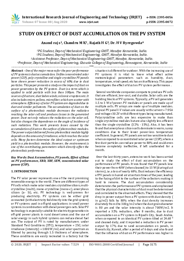 (PDF) IRJET-Study on Effect of Dust Accumulation on the PV System