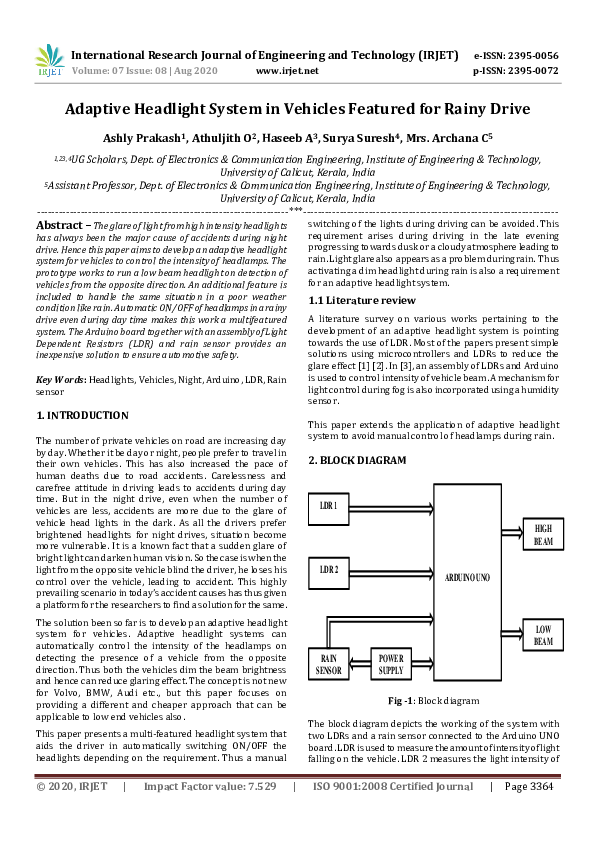 (PDF) IRJET- Adaptive Headlight System in Vehicles Featured for Rainy Drive
