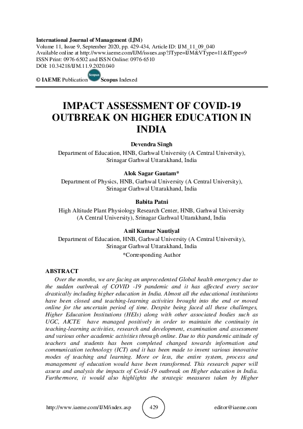 (PDF) IMPACT ASSESSMENT OF COVID-19 OUTBREAK ON HIGHER EDUCATION IN INDIA
