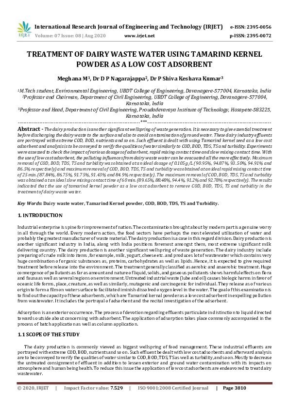 (PDF) TREATMENT OF DAIRY WASTE WATER USING TAMARIND KERNEL POWDER AS A ...