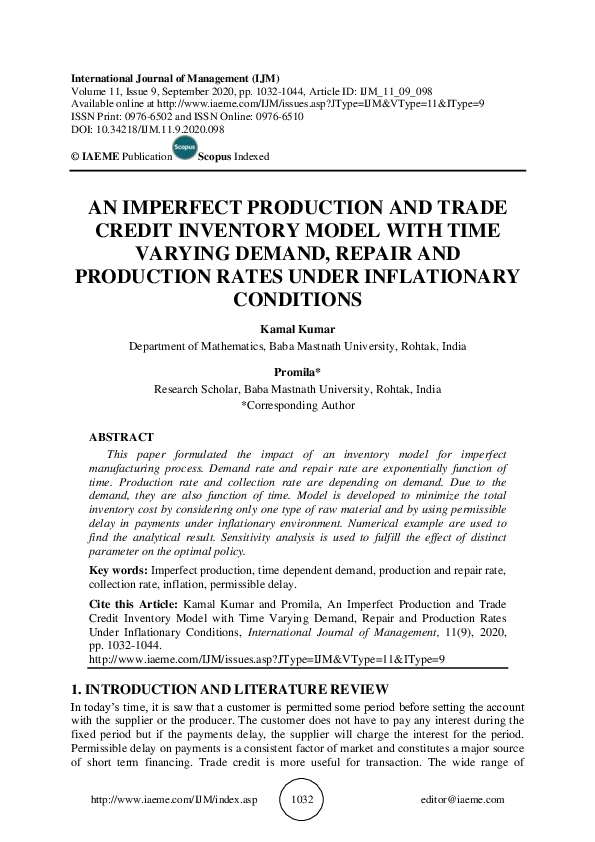 (PDF) AN IMPERFECT PRODUCTION AND TRADE CREDIT INVENTORY MODEL WITH ...