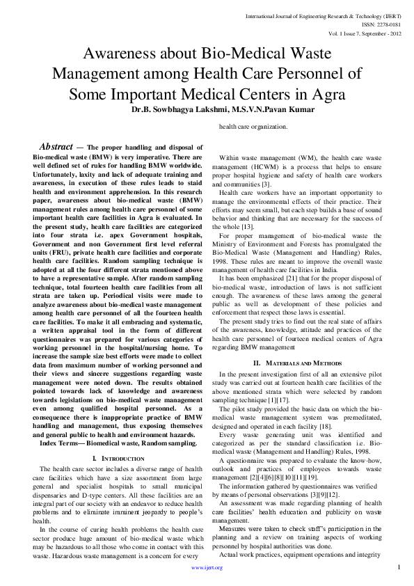 (PDF) IJERTAwareness about BioMedical Waste Management among Health