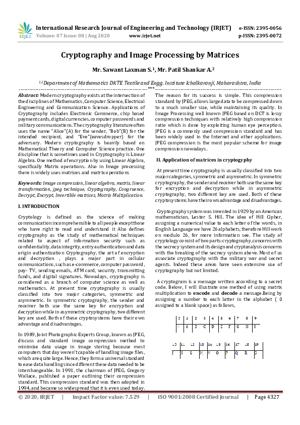 (PDF) IRJET- Cryptography and Image Processing by Matrices