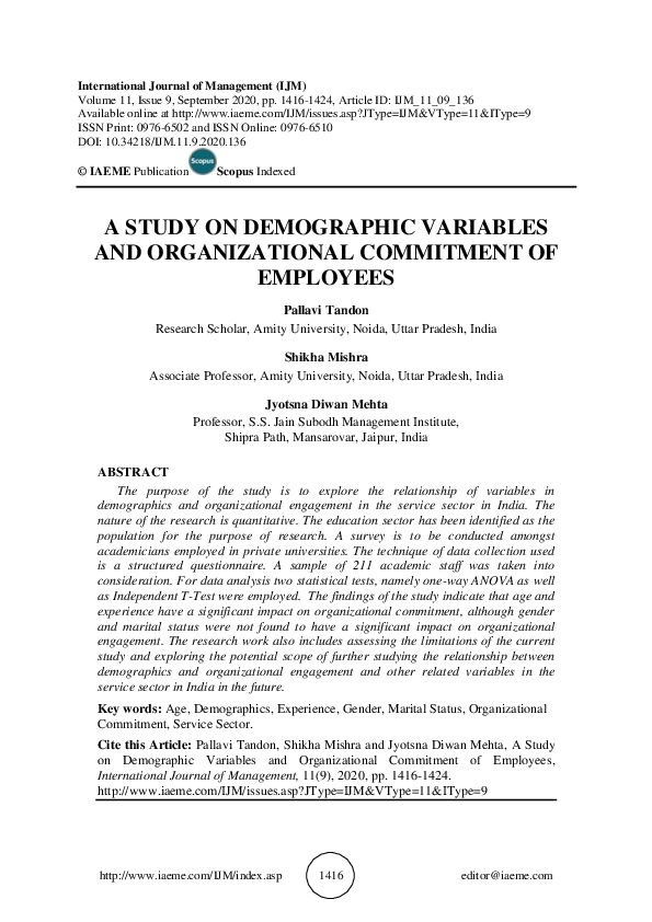 (PDF) A STUDY ON DEMOGRAPHIC VARIABLES AND ORGANIZATIONAL COMMITMENT OF ...