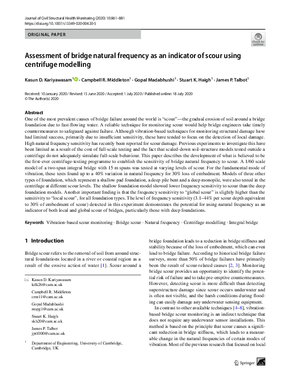 (PDF) Assessment of bridge natural frequency as an indicator of scour