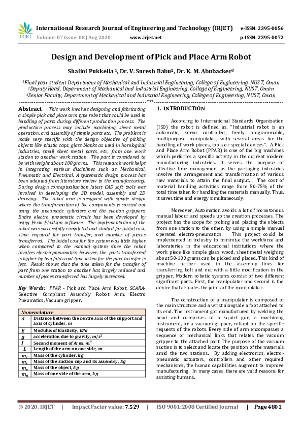 (PDF) IRJET- Design and Development of Pick and Place Arm Robot