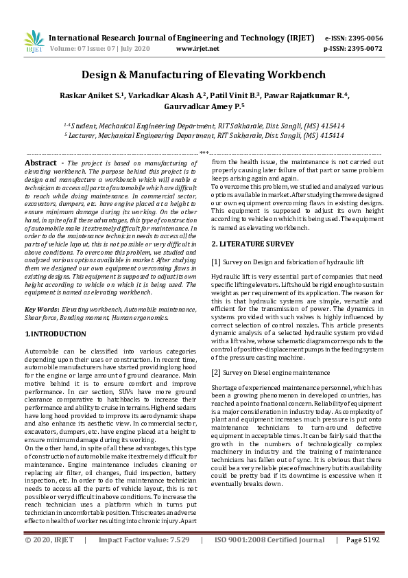 (PDF) Design & Manufacturing of Elevating Workbench