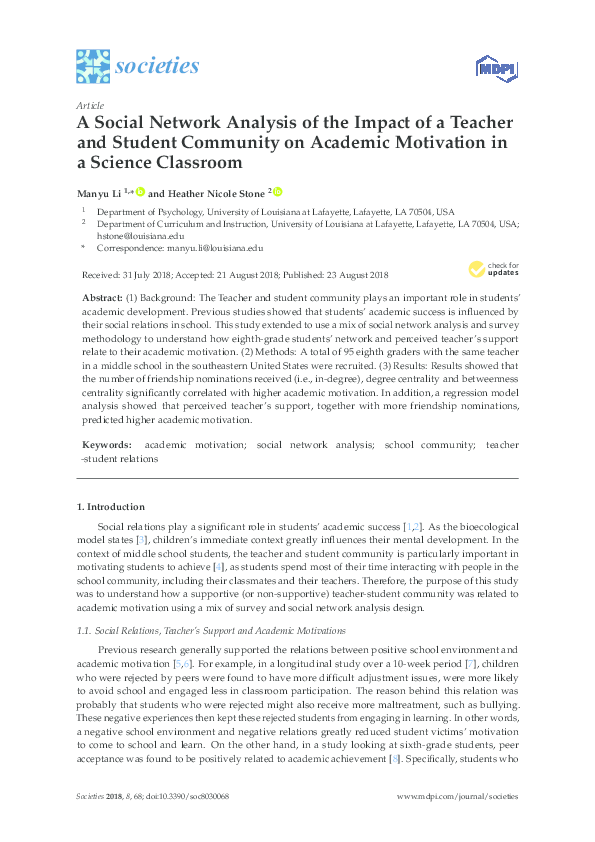 (PDF) A Social Network Analysis of the Impact of a Teacher and Student ...