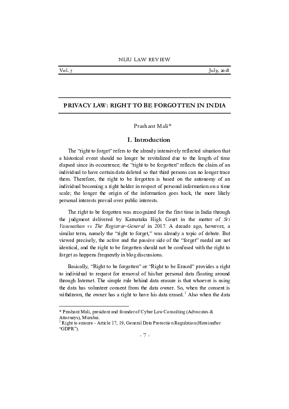 (PDF) PRIVACY LAW: RIGHT TO BE FORGOTTEN IN INDIA