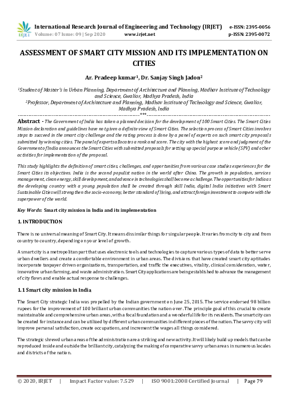 (PDF) IRJET- ASSESSMENT OF SMART CITY MISSION AND ITS IMPLEMENTATION ON ...