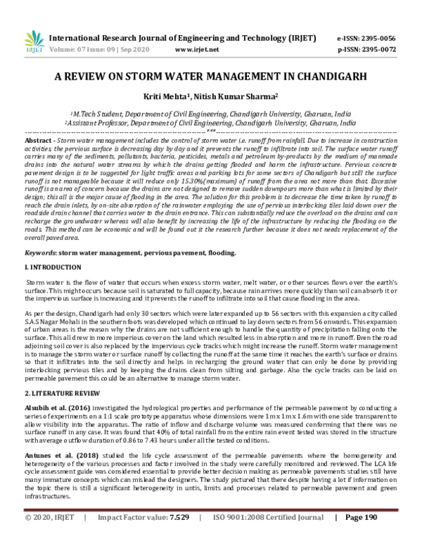 (PDF) IRJET A REVIEW ON STORM WATER MANAGEMENT IN CHANDIGARH IRJET