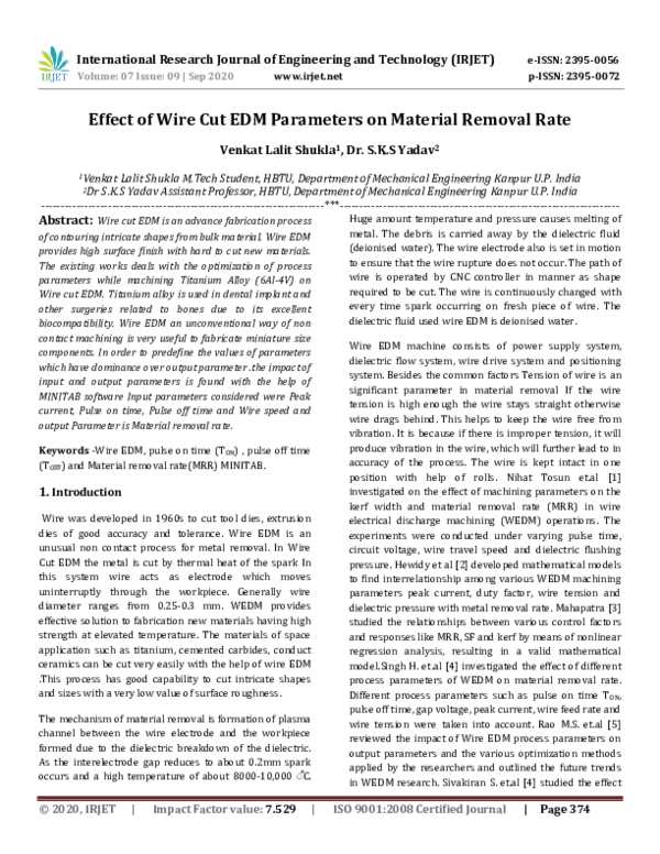 (PDF) IRJET- Effect of Wire Cut EDM Parameters on Material Removal Rate
