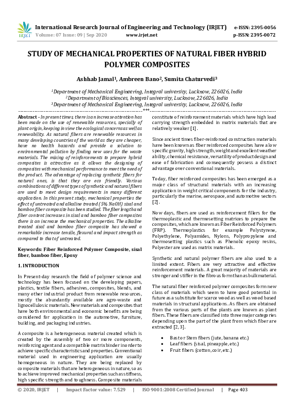 (PDF) IRJET- STUDY OF MECHANICAL PROPERTIES OF NATURAL FIBER HYBRID ...