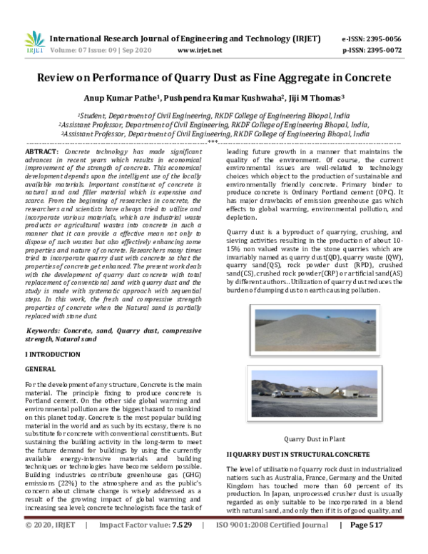 (PDF) IRJET- Review on Performance of Quarry Dust as Fine Aggregate in ...