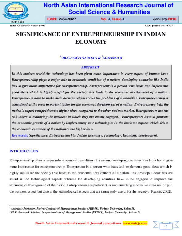 (PDF) SIGNIFICANCE OF ENTREPRENEURSHIP IN INDIAN ECONOMY | Yoganandan G