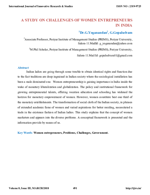 (PDF) A STUDY ON CHALLENGES OF WOMEN ENTREPRENEURS IN INDIA