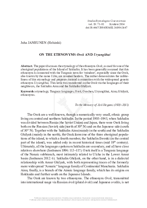 (PDF) On the ethnonyms Orok and Uryangkhai