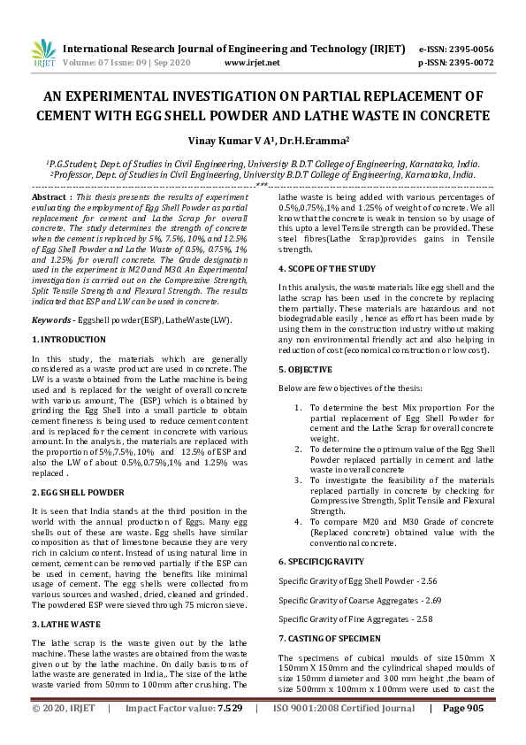 (PDF) IRJET- AN EXPERIMENTAL INVESTIGATION ON PARTIAL REPLACEMENT OF ...