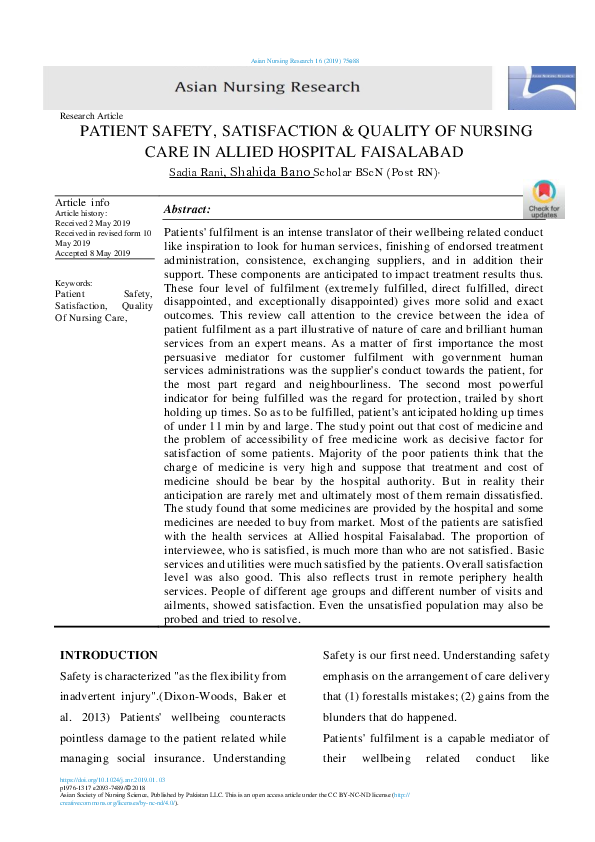 (PDF) PATIENT SAFETY, SATISFACTION & QUALITY OF NURSING CARE IN ALLIED ...