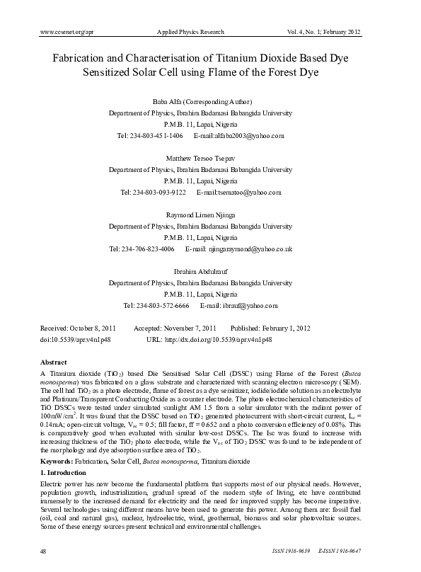 (PDF) Fabrication and Characterisation of Titanium Dioxide Based Dye ...