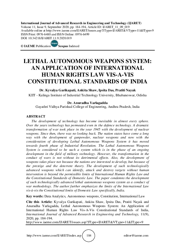 (PDF) LETHAL AUTONOMOUS WEAPONS SYSTEM: AN APPLICATION OF INTERNATIONAL ...