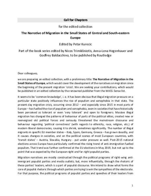 (PDF) Call for Chapters for the edited collection The Narrative of ...