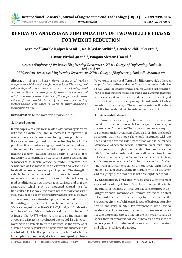 (PDF) IRJET- REVIEW ON ANALYSIS AND OPTIMIZATION OF TWO WHEELER CHASSIS ...
