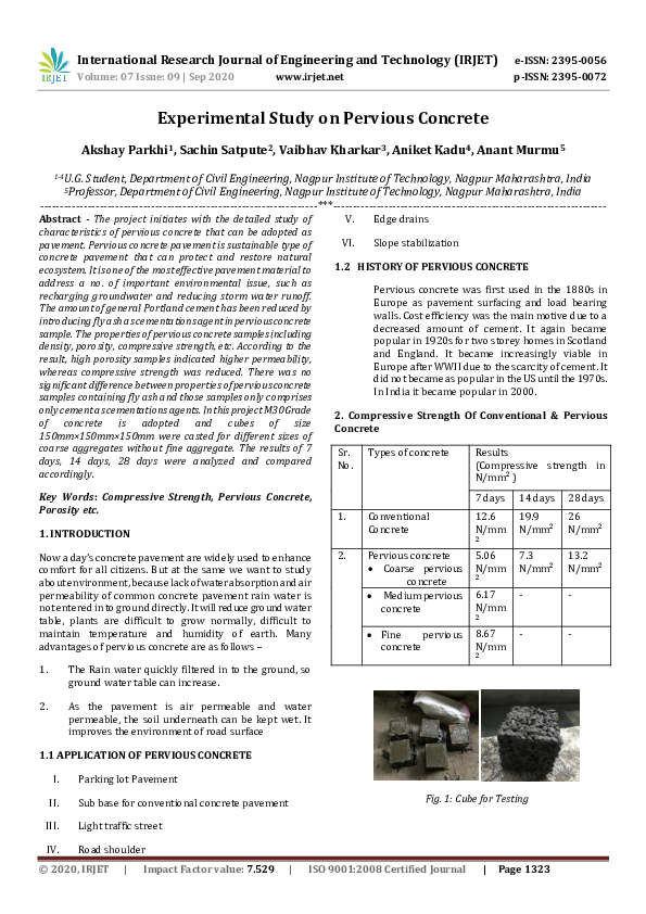 (PDF) IRJET- Experimental Study on Pervious Concrete