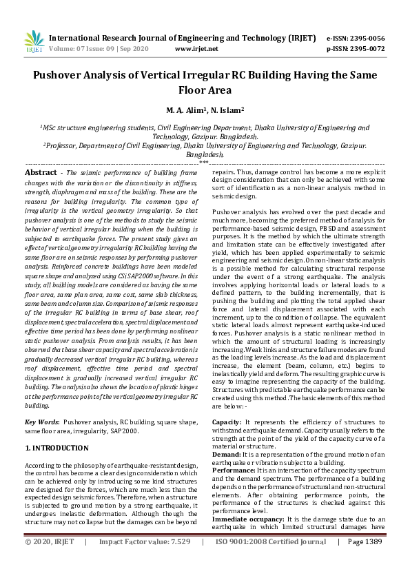 (PDF) IRJET- Pushover Analysis of Vertical Irregular RC Building Having ...
