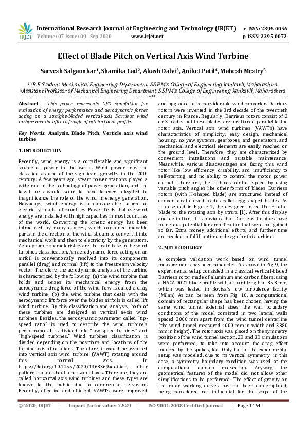 (PDF) IRJET- Effect of Blade Pitch on Vertical Axis Wind Turbine
