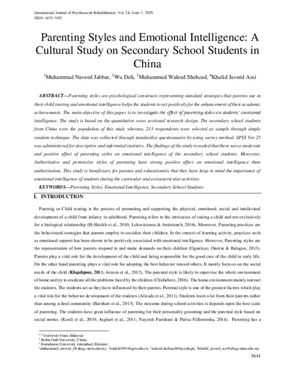 (PDF) Parenting Styles and Emotional Intelligence: A Cultural Study on ...