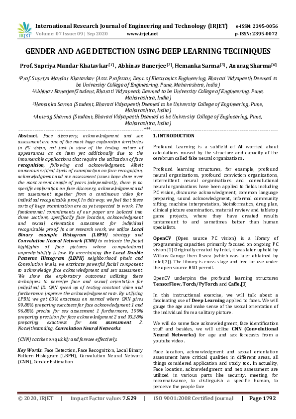 (PDF) IRJET- GENDER AND AGE DETECTION USING DEEP LEARNING TECHNIQUES ...