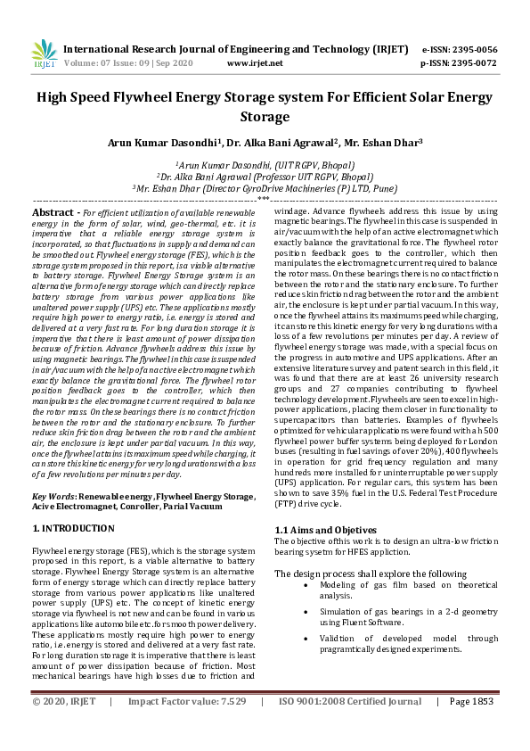 (PDF) IRJET High Speed Flywheel Energy Storage system For Efficient