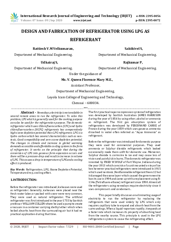 (PDF) IRJET DESIGN AND FABRICATION OF REFRIGERATOR USING LPG AS