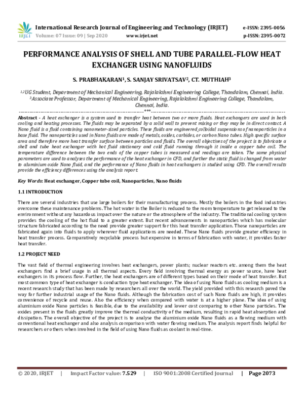 (PDF) IRJET- PERFORMANCE ANALYSIS OF SHELL AND TUBE PARALLEL-FLOW HEAT ...