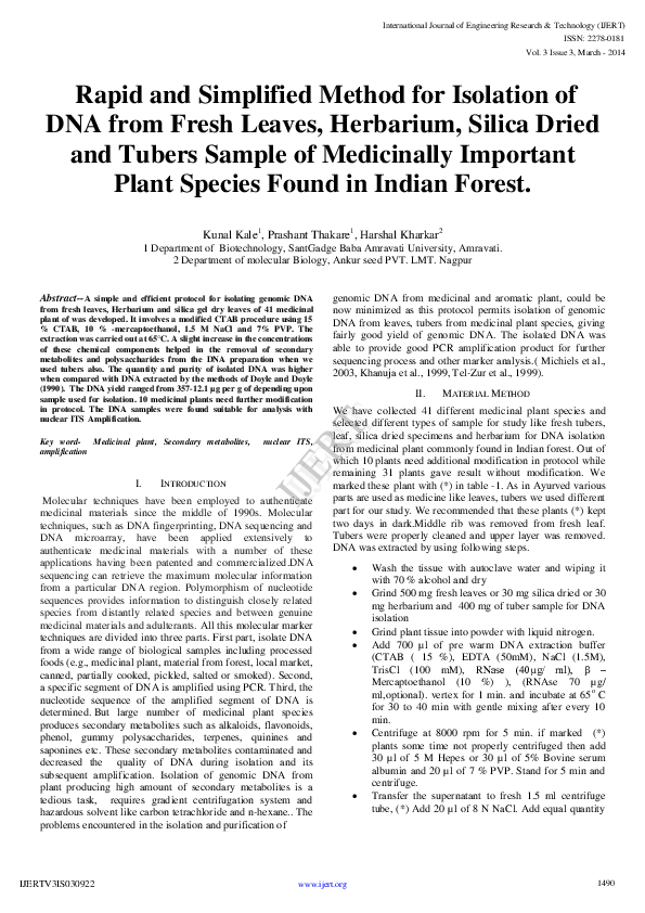 PDF) IJERT-Rapid and Simplified Method for Isolation of DNA from 