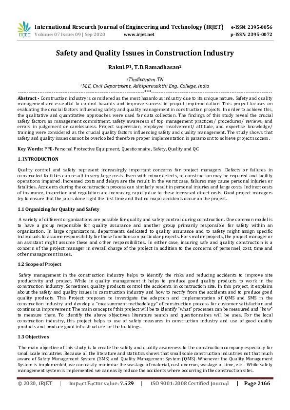 (PDF) IRJET Safety and Quality Issues in Construction Industry IRJET