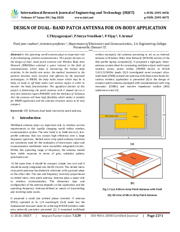 (PDF) IRJET- DESIGN OF DUAL-BAND PATCH ANTENNA FOR ON-BODY APPLICATION