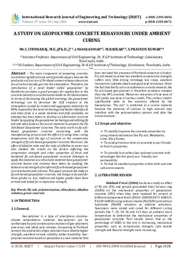 (PDF) IRJET- A STUDY ON GEOPOLYMER CONCRETE BEHAVIOURS UNDER AMBIENT CURING