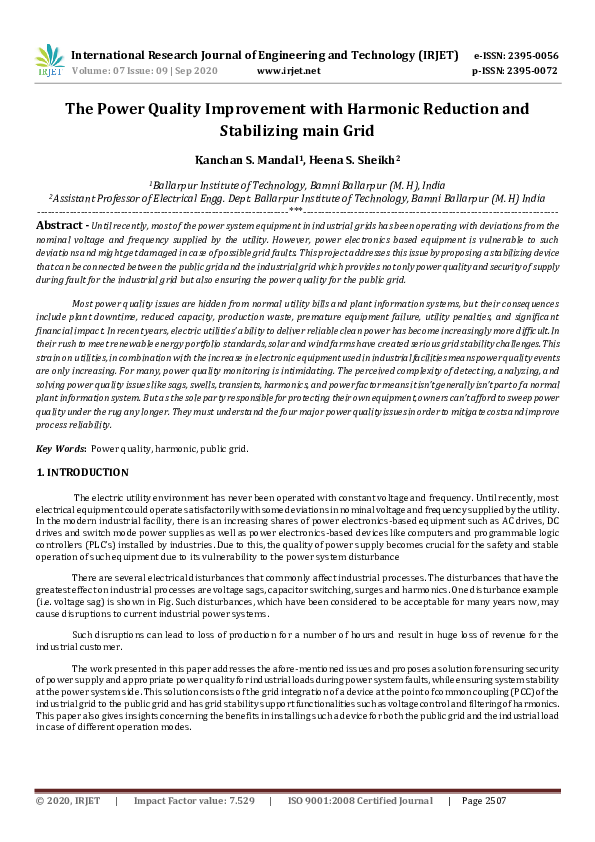 (PDF) IRJET- The Power Quality Improvement with Harmonic Reduction and ...