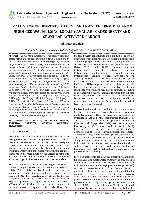 (PDF) IRJET EVALUATION OF BENZENE, TOLUENE AND PXYLENE REMOVAL FROM