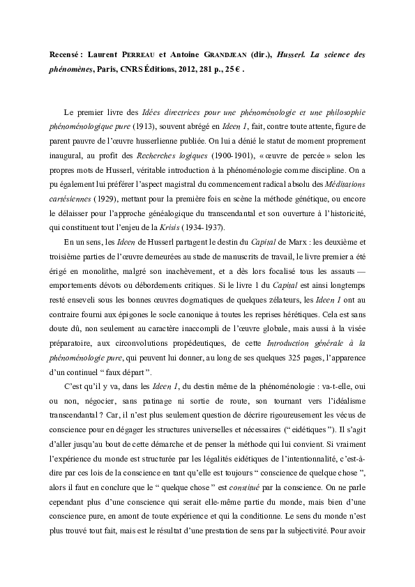 (PDF) Husserl. La science des phénomènes, sous la direction de Laurent